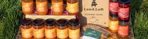 Banner Land.Luft cu bunătăți artizanale: zacuscă, tocăniță de legume, dulcețuri, chipsuri de mere și suc natural