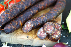 Cârnați de casă vită-porc bio – crud-uscati, afumați natural